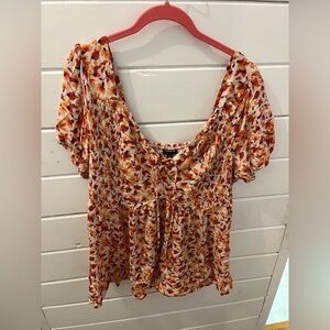 Torrid Women Mixed Knit Crinkle Gauze Babydoll Smocked Bodice Top Floral 2X